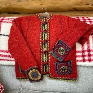 Handcrafted Red Wool Jacket with Multicolor Accents
